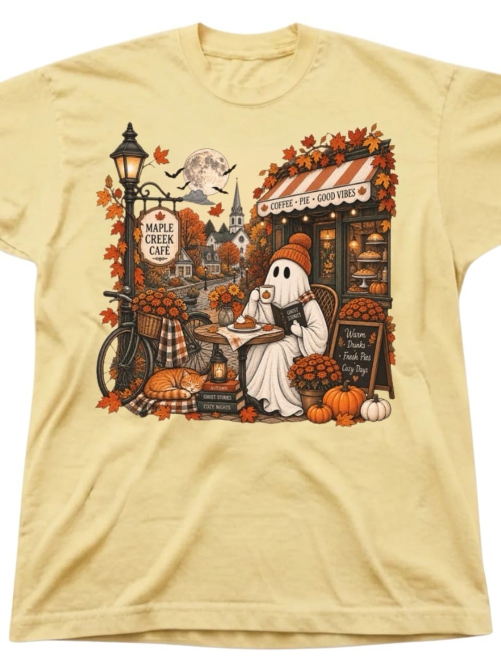 Yellow Fall Ghost Cafe Tee with Orange Accents
